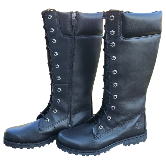 TIBERLAND black tall leather water proof lace-up Side Zip boots JR. 7 Women's 9 - Picture 8 of 16